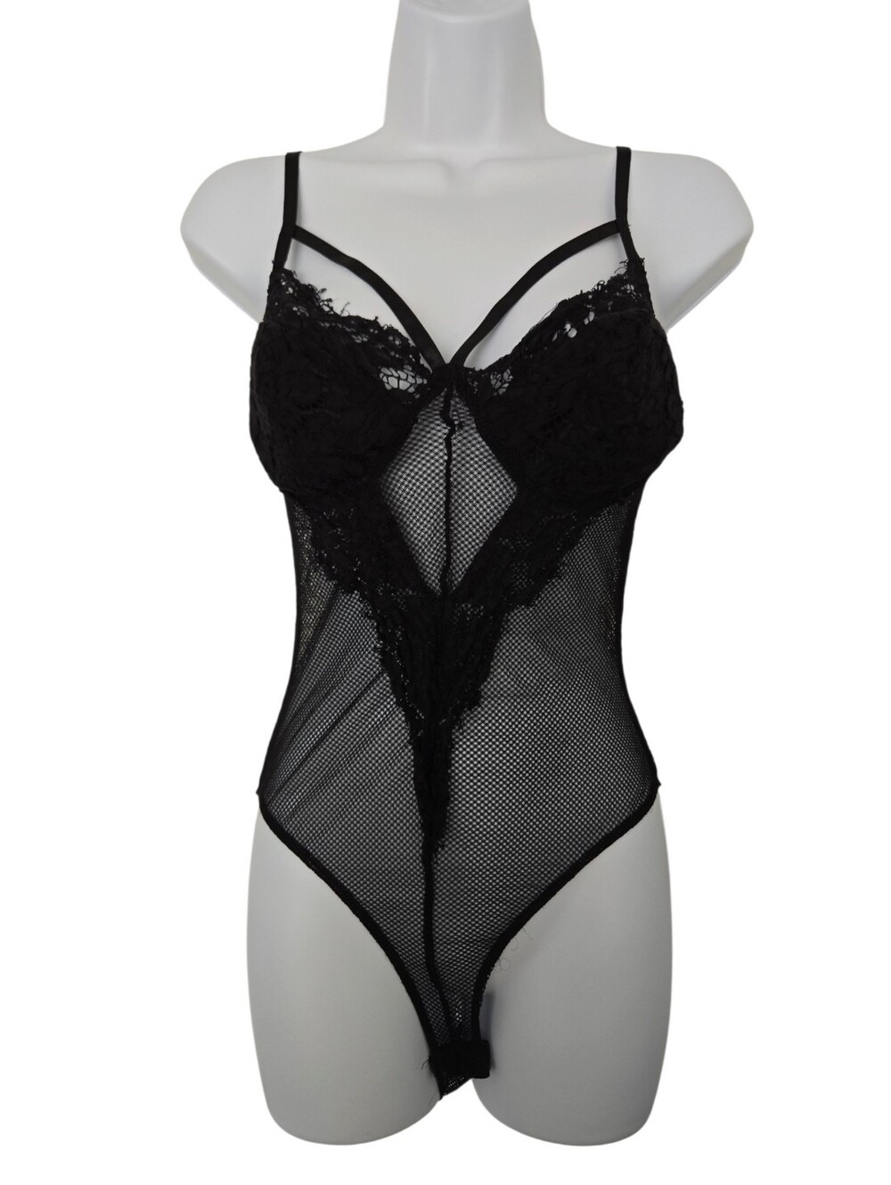 Charlotte Russe Black Lace & Fishnet Strappy Bodysuit – Size Small